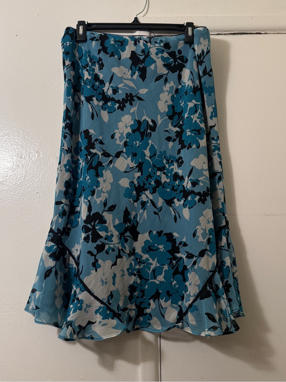 Vintage Y2K Floral Midi Skirt Large Blue Chiffon Ruffle Hem Fairycore